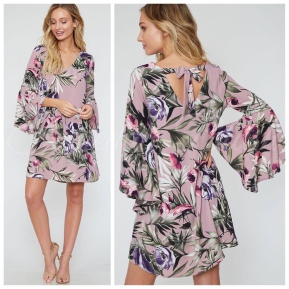 Mauve floral bell-sleeve tunic dress - Picture 2 of 2